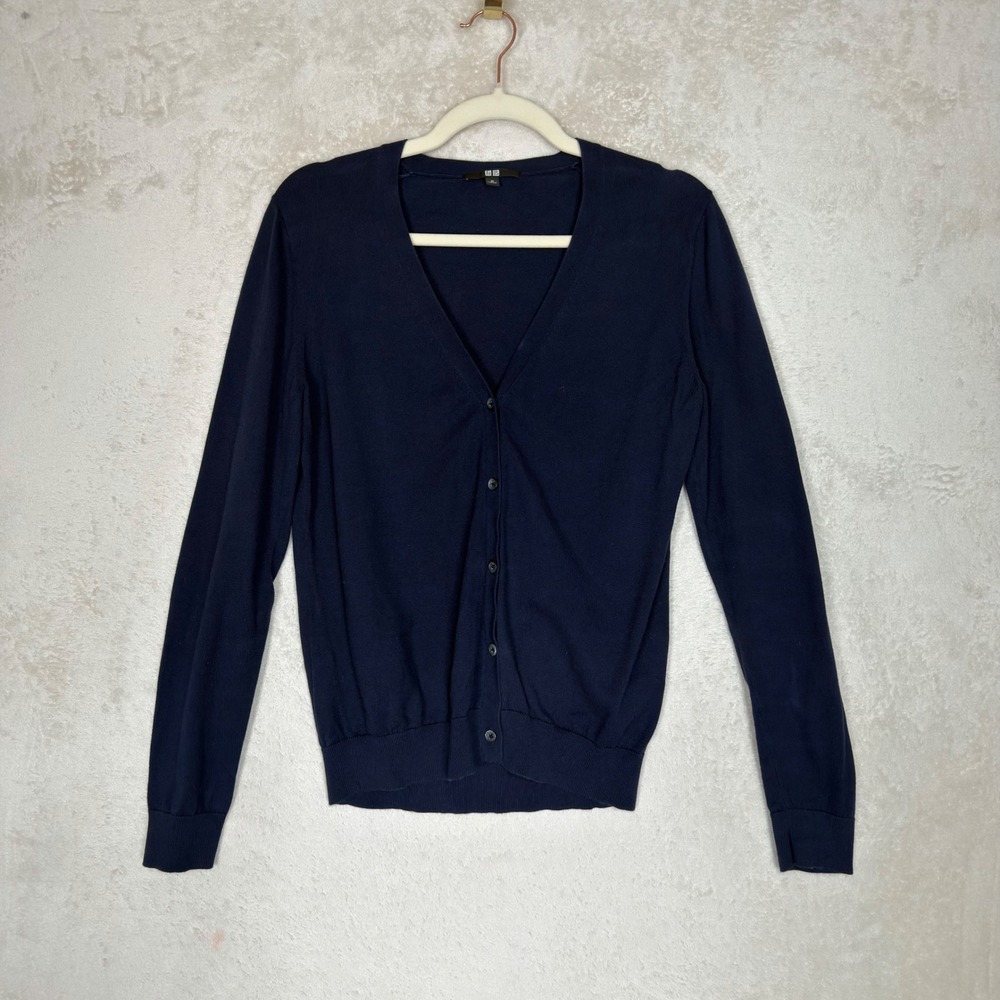 Uniqlo Navy Blue 100% Cotton V-Neck Button Front Cardigan Sweater Size M Preppy